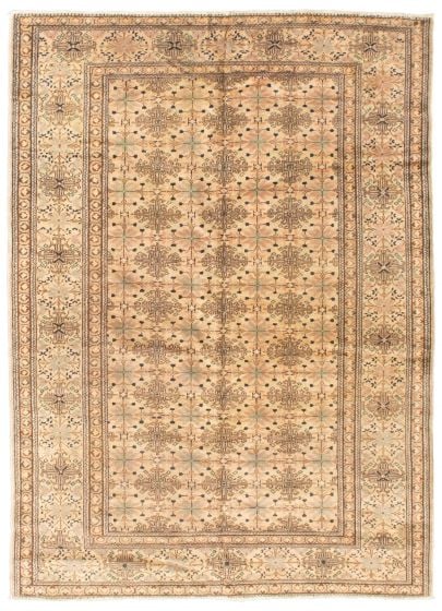 Bordered  Vintage Ivory Area rug 4x6 Turkish Hand-knotted 347686
