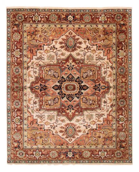 Bordered  Traditional Ivory Area rug 6x9 Indian Hand-knotted 377414