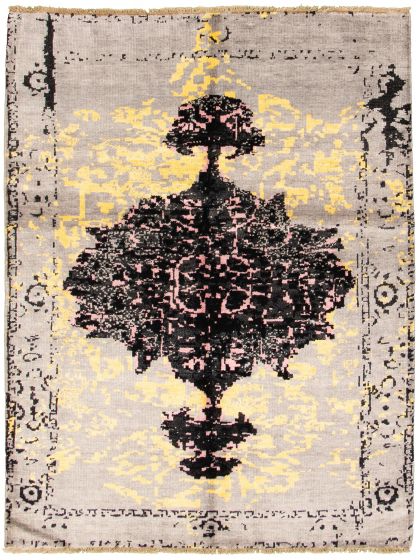 Bordered  Transitional Grey Area rug 4x6 Indian Hand-knotted 315627