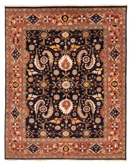 Bordered  Traditional Black Area rug 6x9 Indian Hand-knotted 370218
