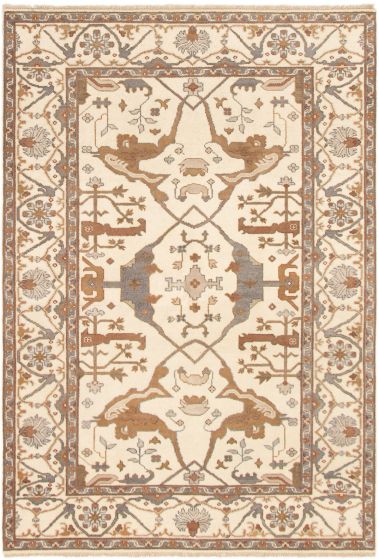 Bordered  Traditional Ivory Area rug 5x8 Indian Hand-knotted 304042