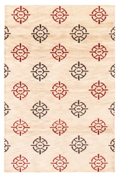 Bordered  Traditional Ivory Area rug 5x8 Nepal Hand-knotted 369315