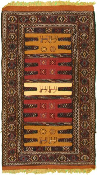 Bordered  Tribal Brown Area rug 3x5 Turkish Flat-weave 333632