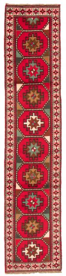 Bordered  Geometric Red Runner rug 12-ft-runner Turkish Hand-knotted 368995