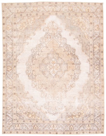 Bordered  Vintage/Distressed Ivory Area rug 9x12 Turkish Hand-knotted 374091
