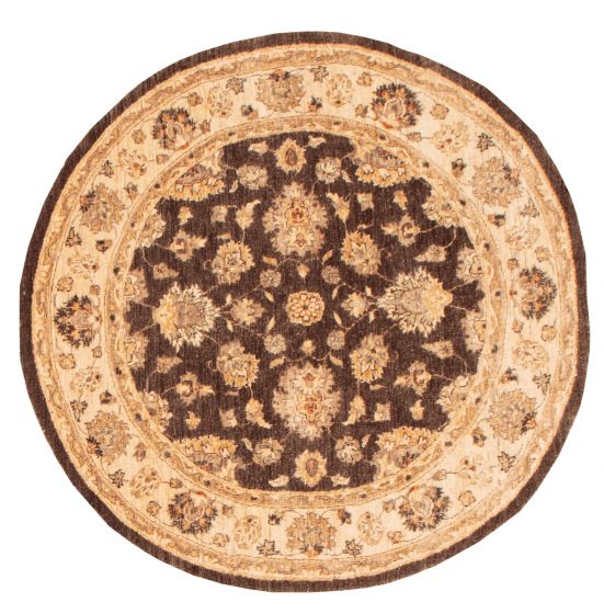 Bordered  Traditional Brown Area rug Round Pakistani Hand-knotted 374560