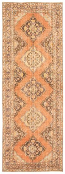 Bordered  Vintage Brown Runner rug 13-ft-runner Turkish Hand-knotted 358771