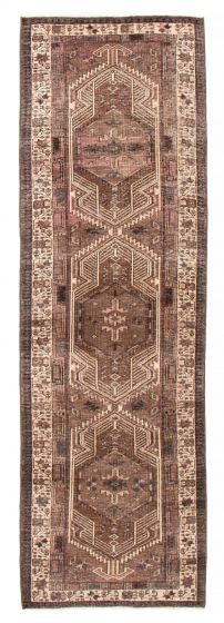 Bordered  Vintage/Distressed Brown Runner rug 11-ft-runner Turkish Hand-knotted 378036
