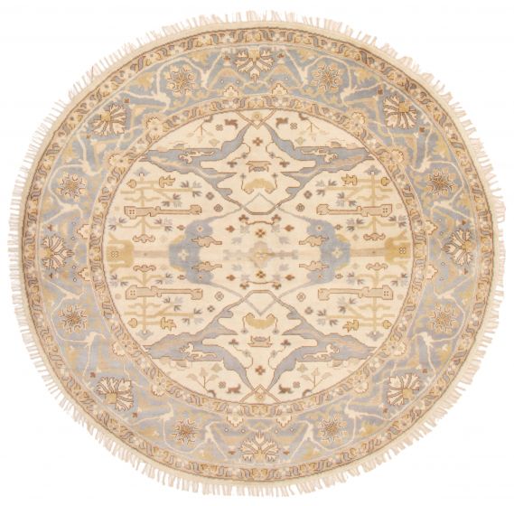 Bordered  Traditional Ivory Area rug Round Indian Hand-knotted 356457