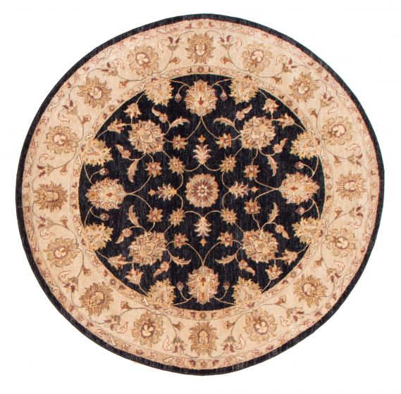 Bordered  Traditional Black Area rug Round Indian Hand-knotted 374936