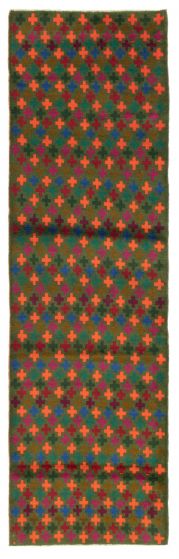 Bohemian  Tribal Green Runner rug 10-ft-runner Afghan Hand-knotted 353886