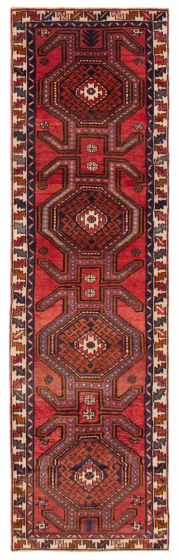 Bordered  Geometric Red Runner rug 10-ft-runner Turkish Hand-knotted 389701