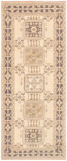 Bordered  Vintage Yellow Runner rug 11-ft-runner Turkish Hand-knotted 358854