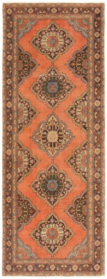 Bordered  Vintage Brown Runner rug 13-ft-runner Turkish Hand-knotted 359002
