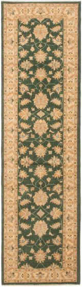 Bordered  Traditional Green Runner rug 10-ft-runner Pakistani Hand-knotted 299037