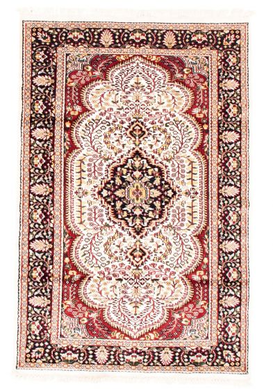 Bordered  Traditional Ivory Area rug 4x6 Indian Hand-knotted 348839