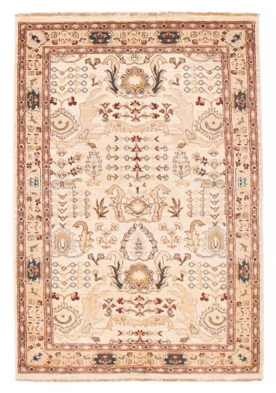 Bordered  Traditional Ivory Area rug 3x5 Pakistani Hand-knotted 379419