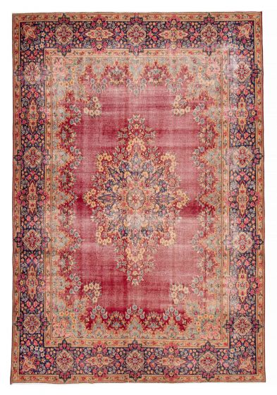 Bordered  Vintage/Distressed Red Area rug 10x14 Turkish Hand-knotted 384861