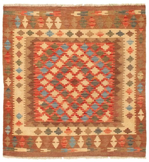 Bordered  Tribal Red Area rug Square Turkish Flat-weave 346329