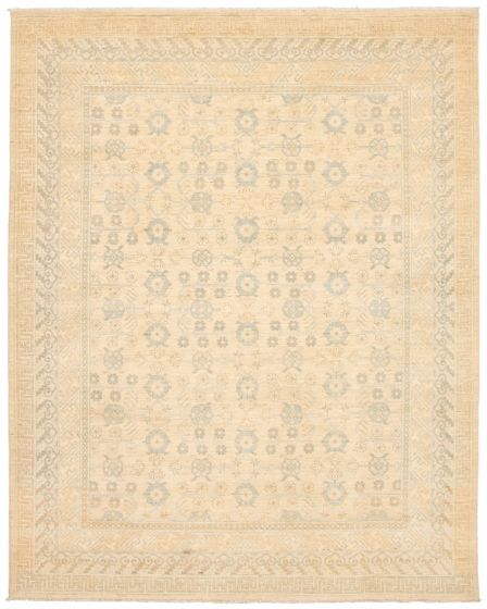 Bordered  Transitional Ivory Area rug 6x9 Pakistani Hand-knotted 338921