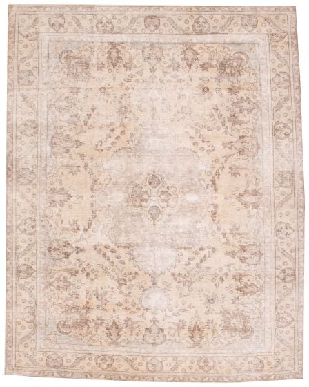 Bordered  Vintage/Distressed Ivory Area rug 9x12 Turkish Hand-knotted 374096